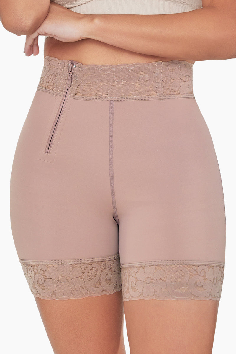 BBL Effect Easy Sculpt Hi-Cut Shorts in black with lace trim, featuring front zipper and high-waist design for shaping and support.