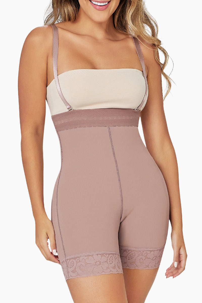 BBL Effect Comfy Hi Waist Shorts in nude color featuring high waist design and lace trim, ideal for shaping and support under clothing.