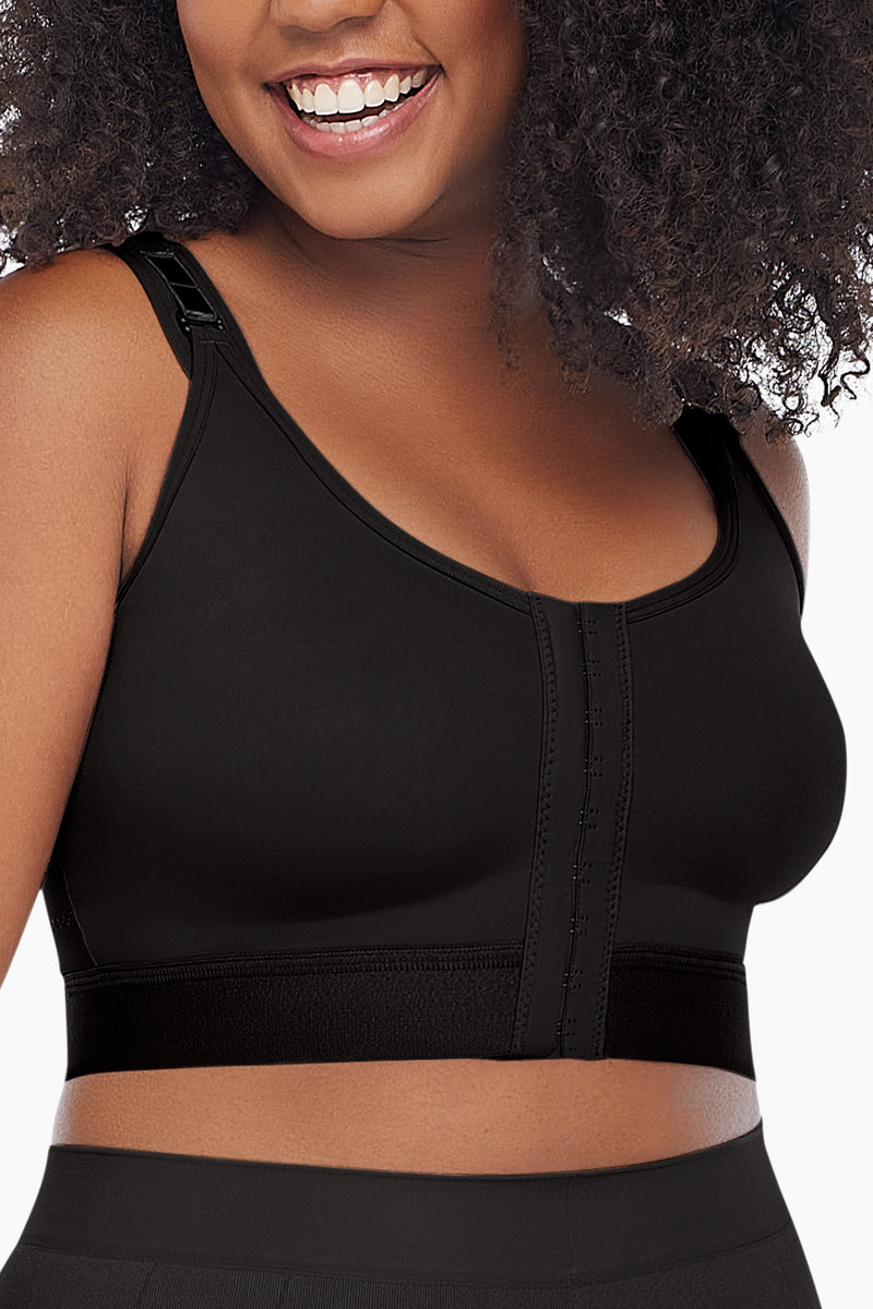 BRAEEZ Smart Support Bra in nude tone featuring front hook-and-eye closure and wide adjustable straps for high compression and posture support.