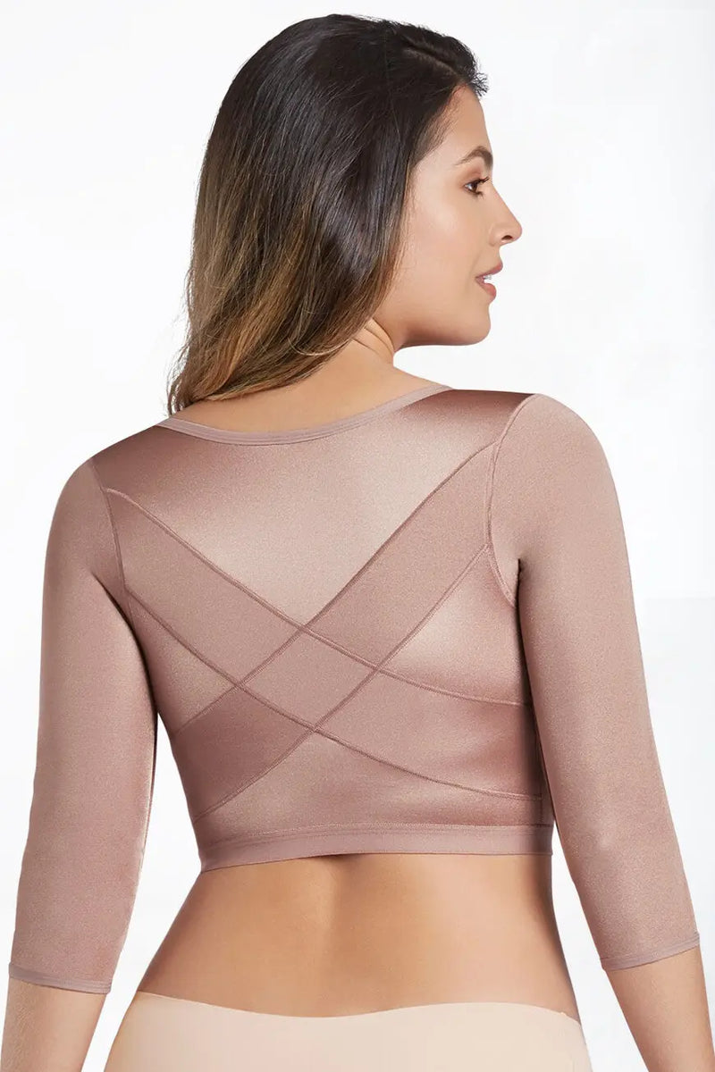 Curveez Open Bust Arm Shaper in nude color with 3/4 sleeves and front hook closure, designed for firm compression and smooth back support.
