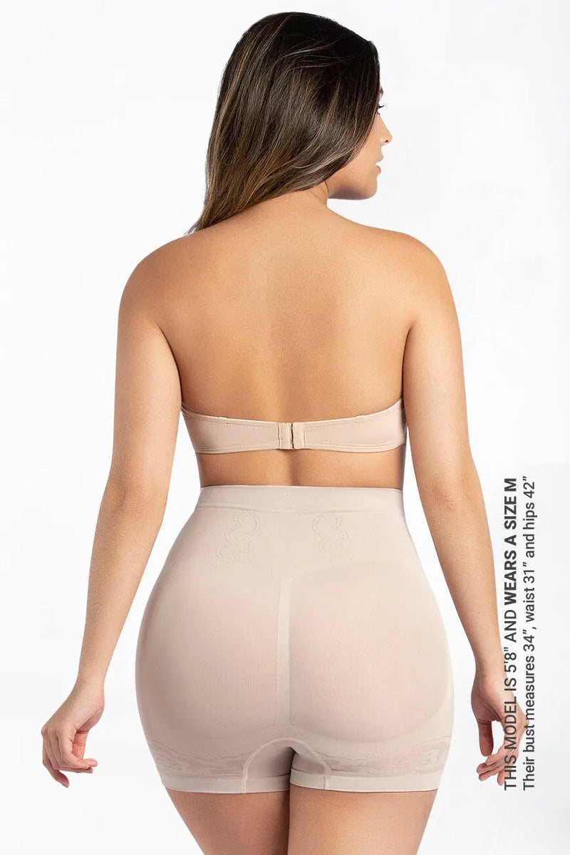 Rear view of model wearing Curveez Boyshorts for Women in nude, emphasizing hip and buttock enhancement features.